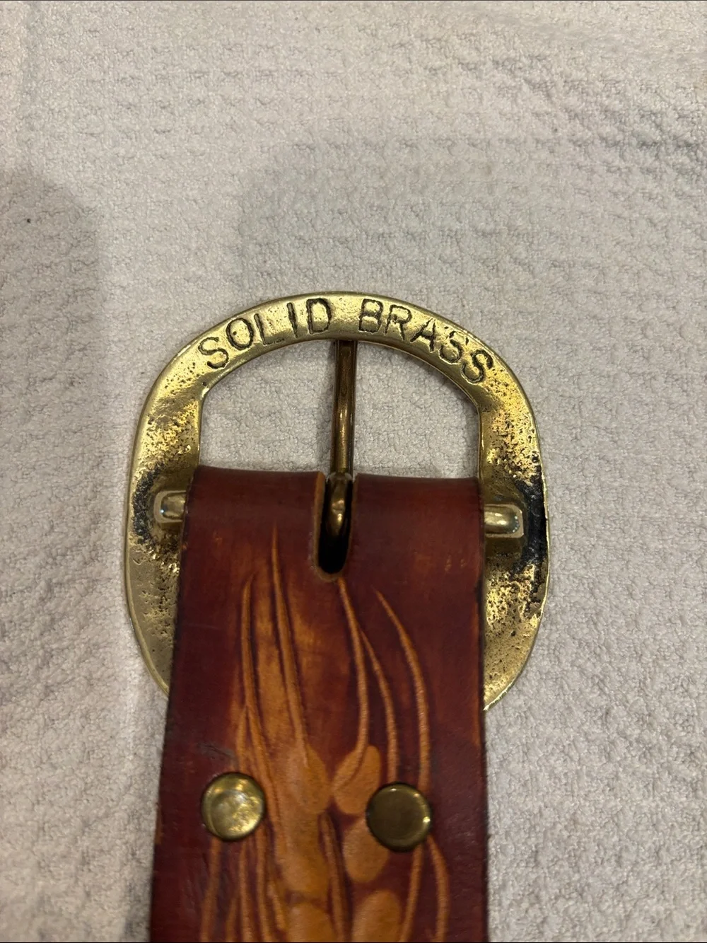 Hand-Tooled Brown Leather Belt with Wheat Motif- Don-w/ Solid Brass Belt Buckle